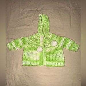 Hand knit Green and White Striped Baby Sweater with Hood